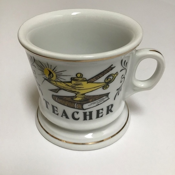 Vintage Porcelain Coffee Mug TEACHER Knobler Japan MCM Tea Desk Pencil Cup Gold - Picture 2 of 15